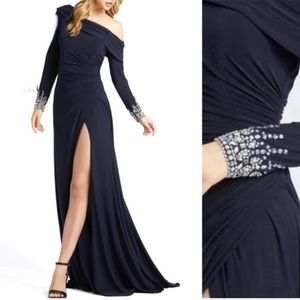 MAC DUGGAL Midnight Navy Blue Asymmetric Jeweled Evening Gown NEW Size 14